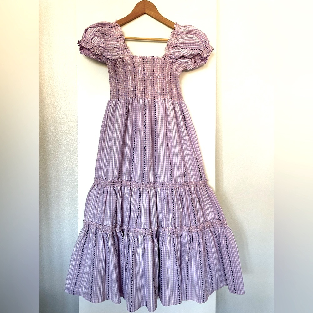 LG OPT: Cotton Midi Dress Short Sleeve Tiered Lavender Purple Gingham NWT